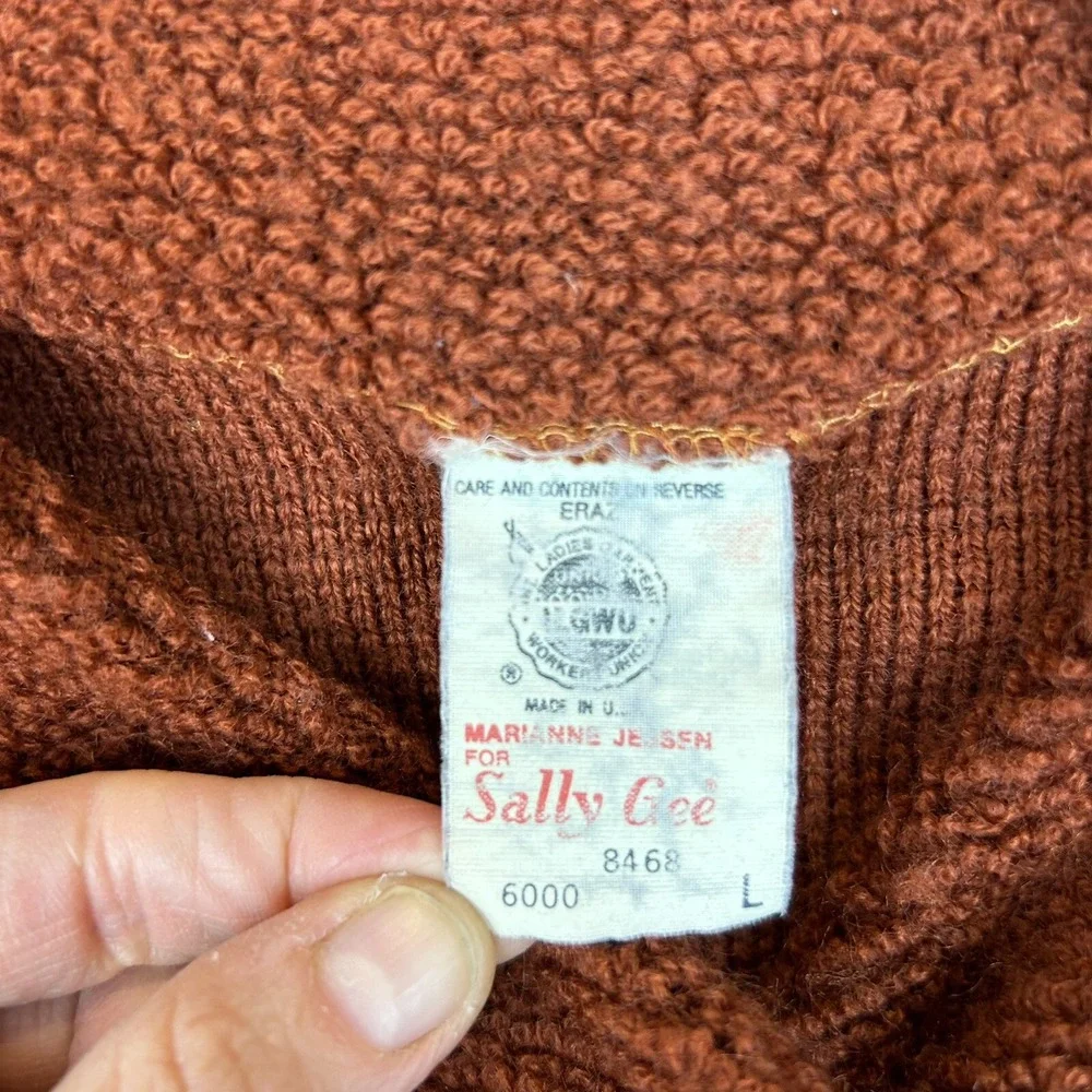 Vtg Sweater Womans L Knit Cardigan Jacket Sally Gee Burnt Orange Union Label